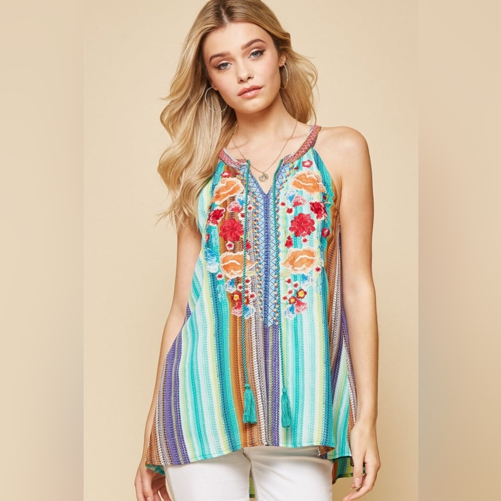 Savanna Jane Women’s size Small Striped Embroidered Swing Tank Top NEW